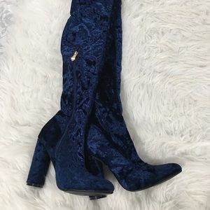 Crushed blue velvet thigh high boots 💙